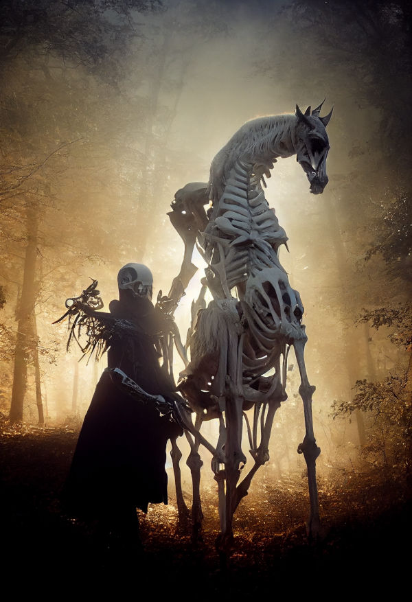 Midjourney, vickwhy_A_skeletal_knight_rides_a_pale_horse_Skeleton_knight, CC BY 4.0 license